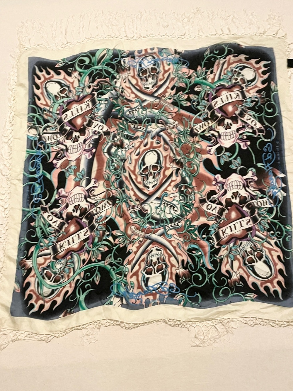VTG Ed Hardy Christian Audigier Love Kills Slowly Fringe Silk Scarf Shawl - Picture 12 of 16